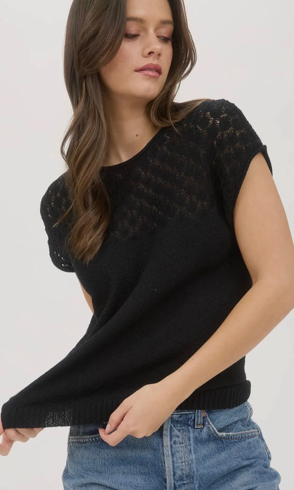 Hedi Black Eyelet Yoke Sweater Knit Top