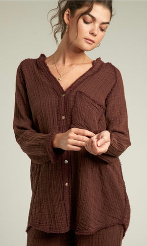 Blossom Brown V Neck Crinkled Shirt