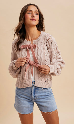 Ruth Cable Knit Cardigan With Ribbon Tie