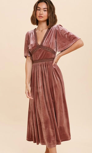 Ajules Mauve Pink Velvet Empire Smocked Midi Dress