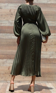 Julian Olive Smocked Top Satin Midi Dresses