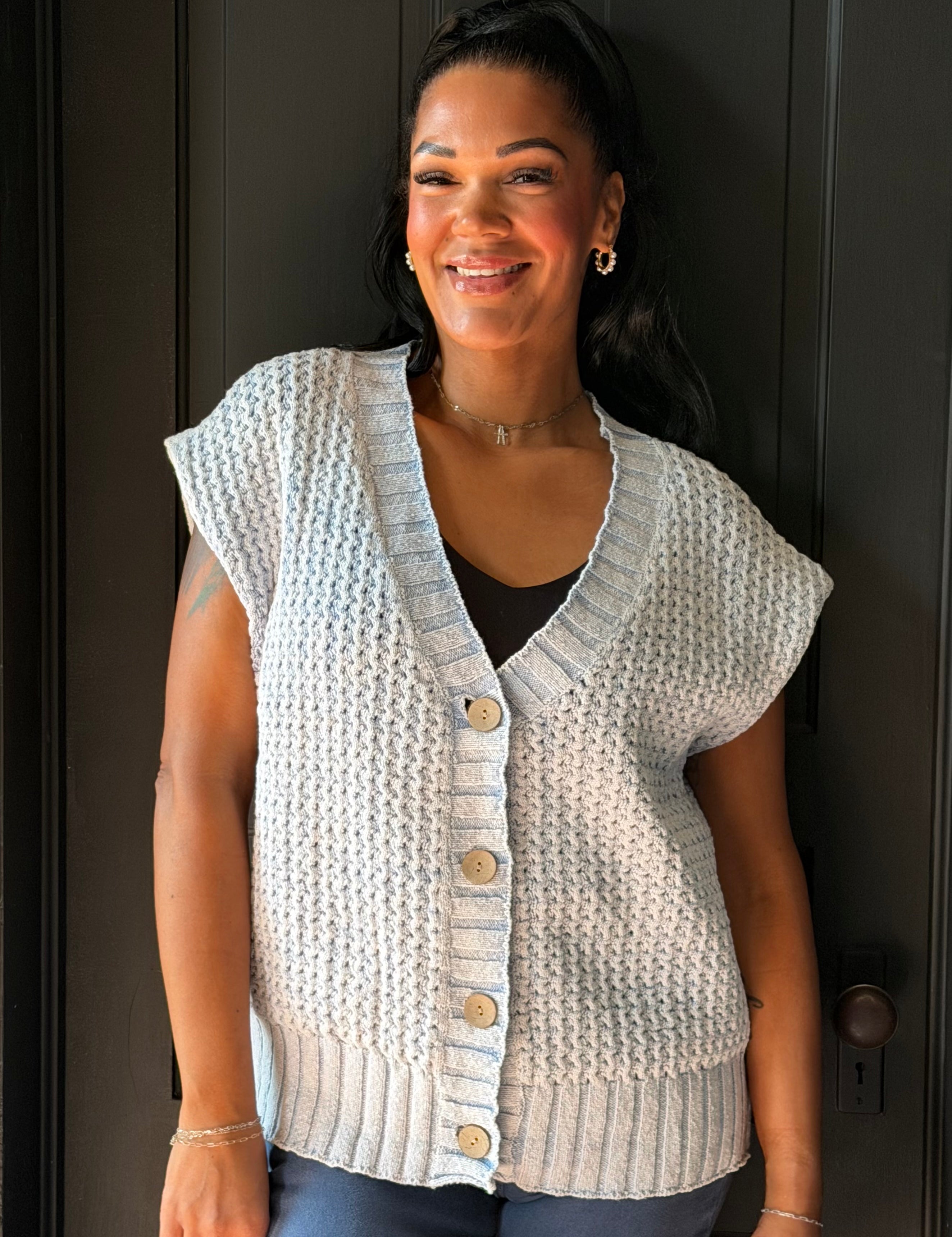 Gia Light Blue Oversized Distressed Sweater Vest