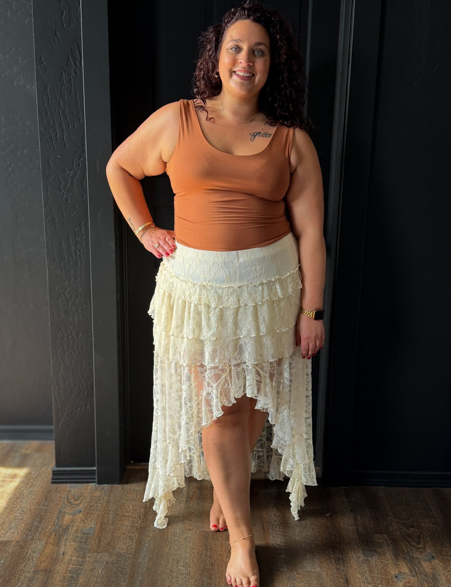 Ella Plus Size Cream Lace Tiered Maxi Skirt