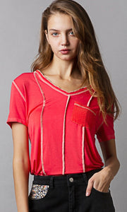 Danica Peach V Neck Short Sleeve Front Pocket Woven Mixed Top