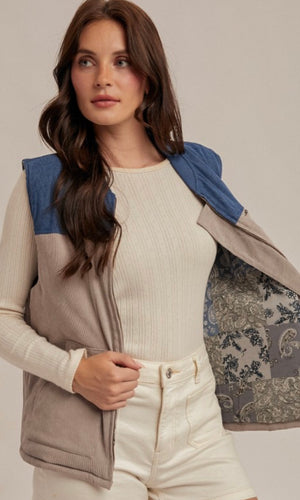 Aleena Grey Corduroy Mixed Print Vest