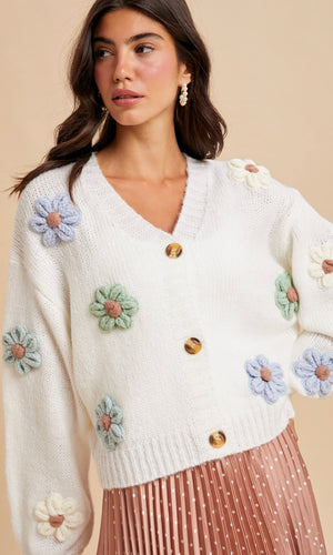 Love Creme 3D Knitted Floral Applique Cardigan