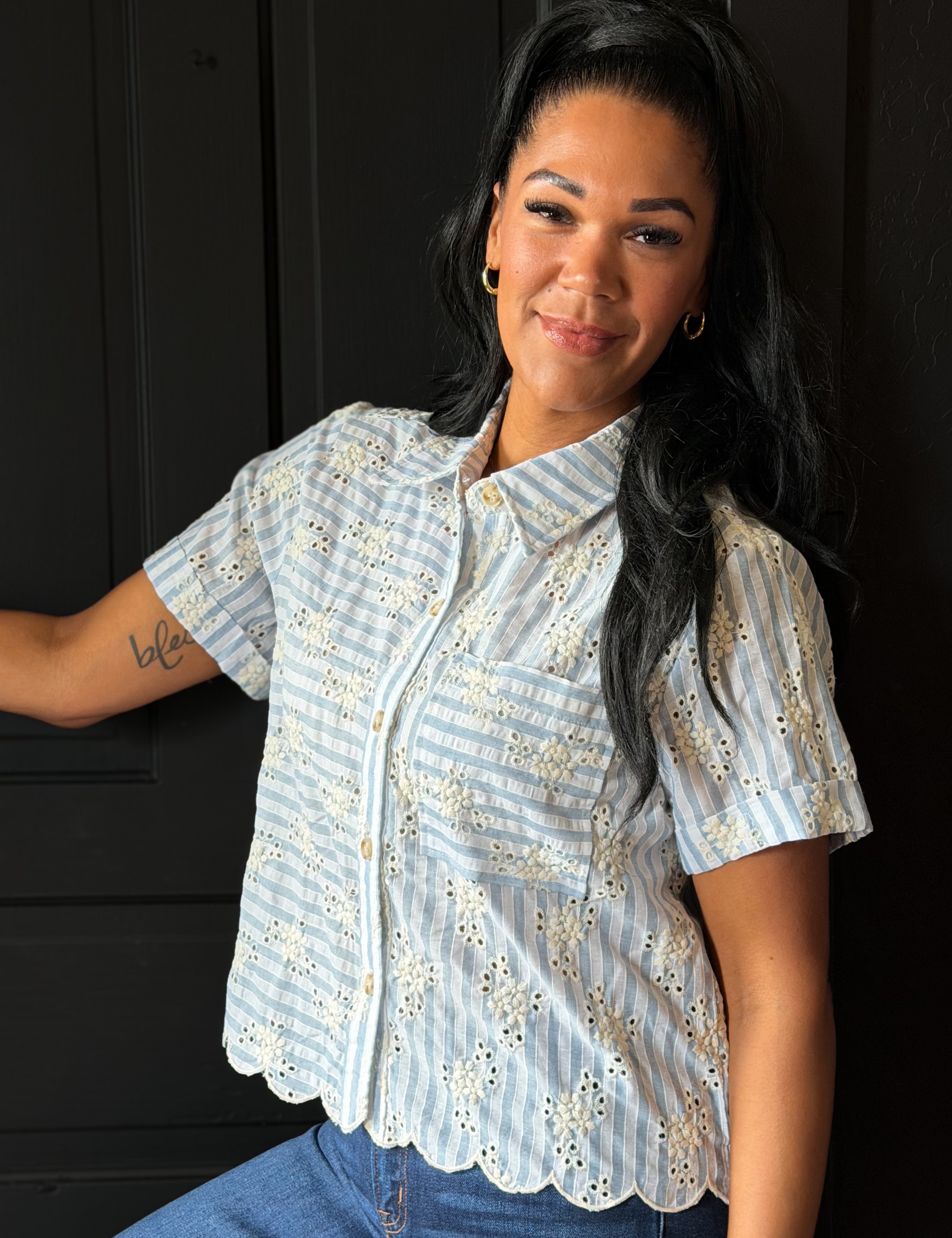 Krew Pin Stripe Linen Eyelet Embroidery Detailed Button Down Blouse