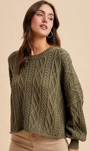 Letti Olive Cotton Cable Knit Pullover