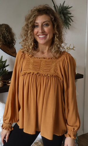Oakland Earthen Ruched Lace Accent Blouse