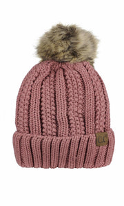 CC Beanie Thick Ribbed Knit Faux-Fur Pom Pom Lined Beanie