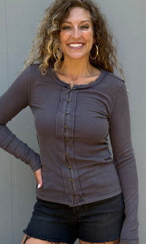Marigold Teal Snow Wash Rib Button Down Long Sleeve Top