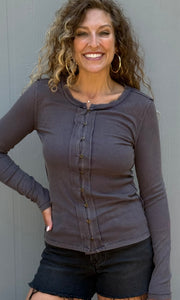 Marigold Teal Snow Wash Rib Button Down Long Sleeve Top