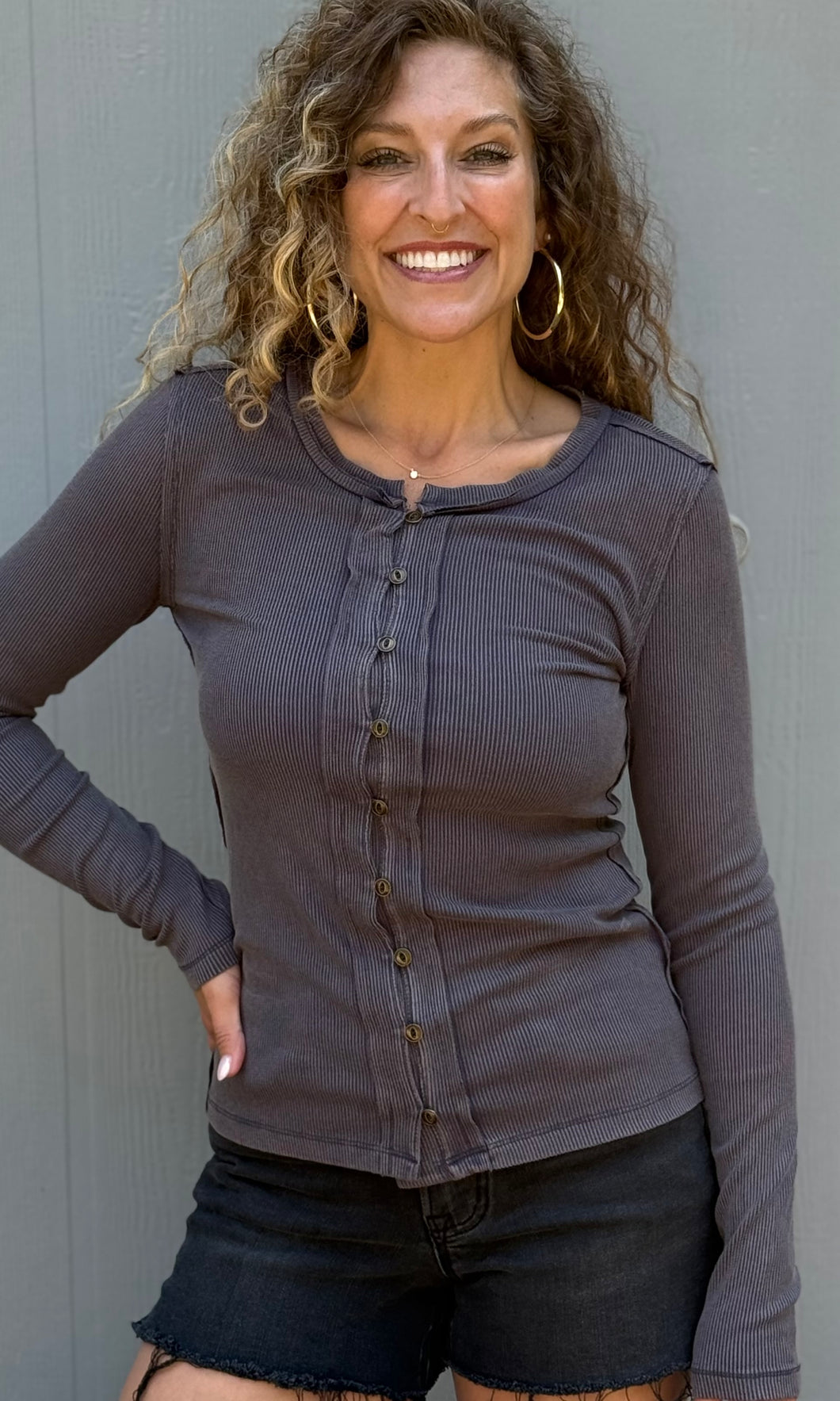 Marigold Teal Snow Wash Rib Button Down Long Sleeve Top