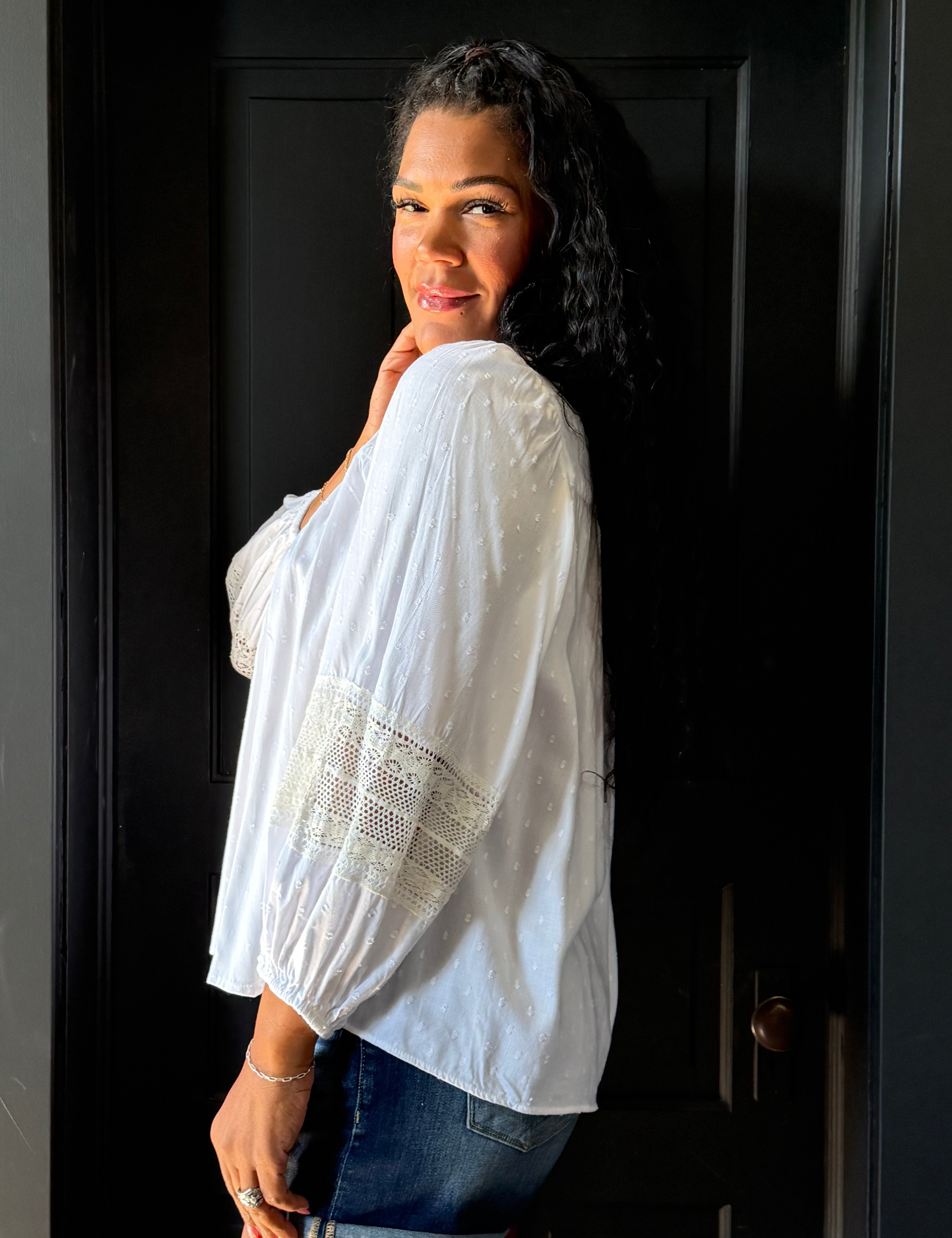 Michael Swiss Dot Lace Trim Top