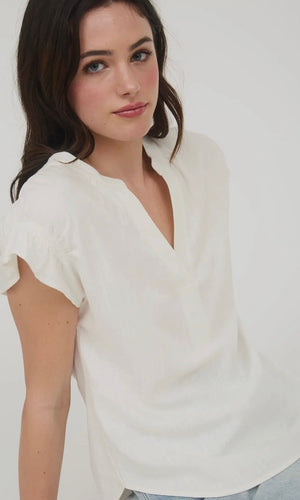 Lucia White Split Neck Rushed Sleeve & Back Linen Blouse
