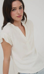 Lucia White Split Neck Rushed Sleeve & Back Linen Blouse