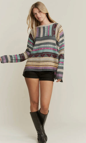 Rudy Teal Eclectic Stripe Long Sleeve Sweater