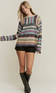 Rudy Teal Eclectic Stripe Long Sleeve Sweater