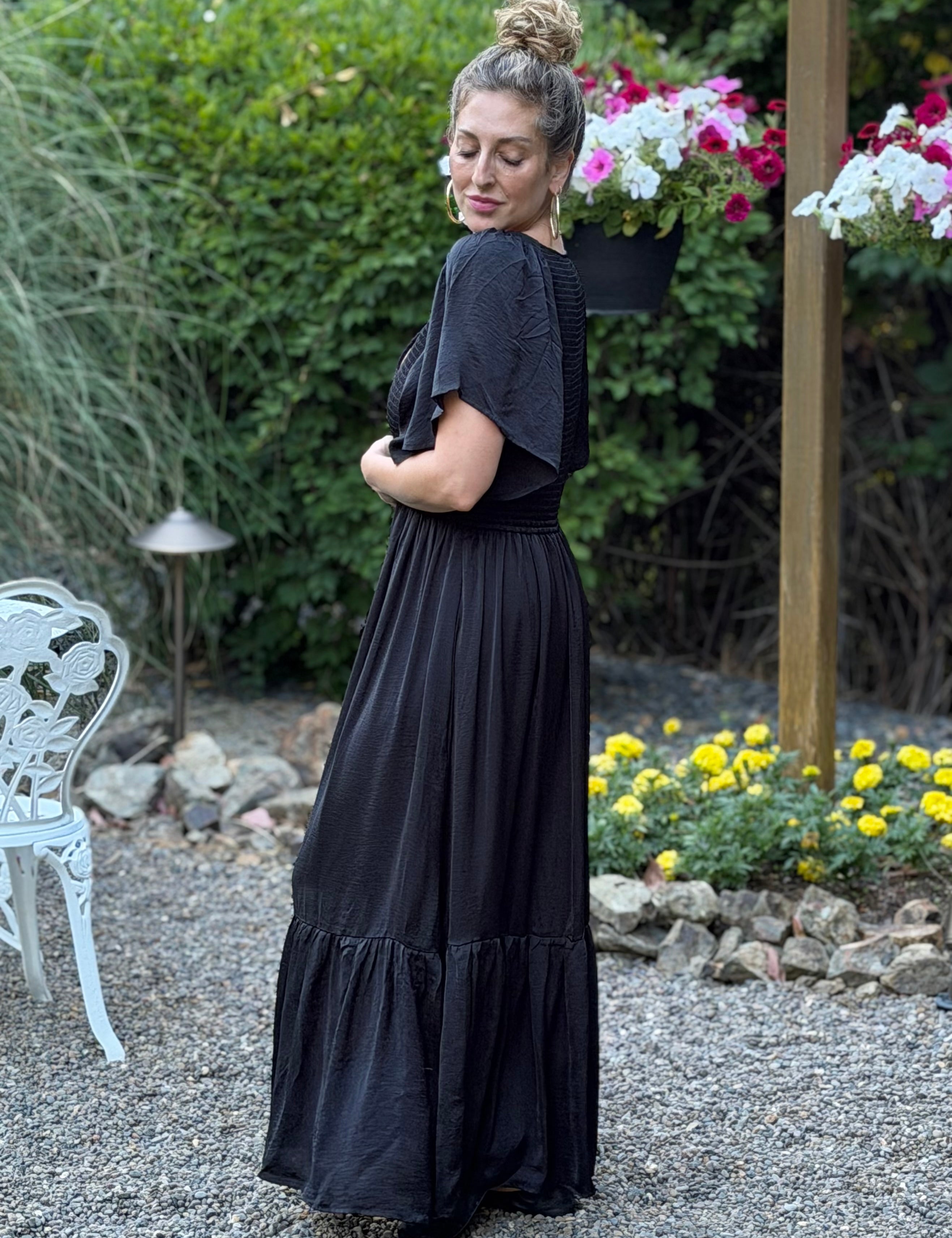Flare Satin Empire Smocked Midi Dress