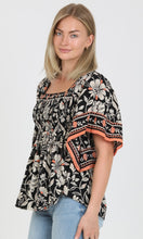 Camden Black Square Neck Kimono Sleeve Printed Blouse