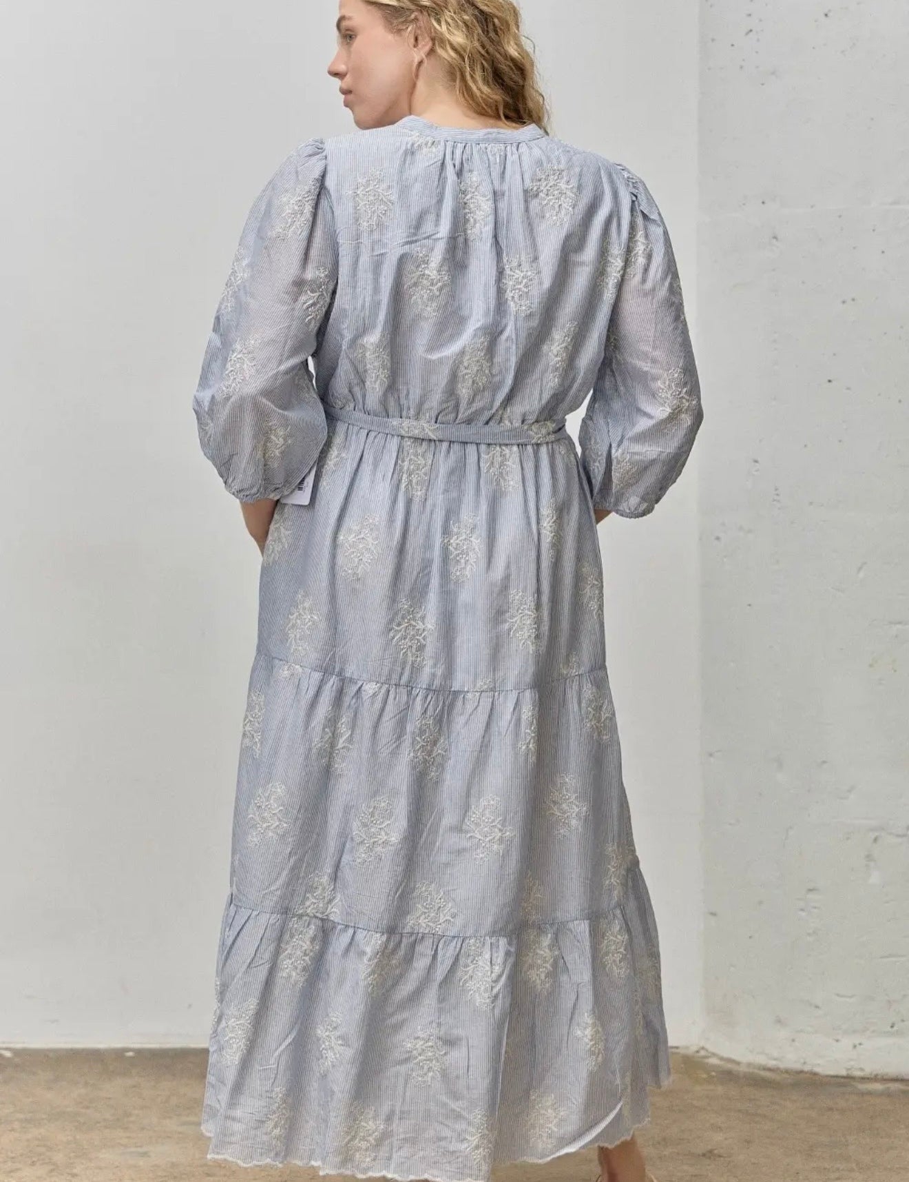 Alaia Plus Size Stripe with Embroidery Button Up Belted Midi Dress