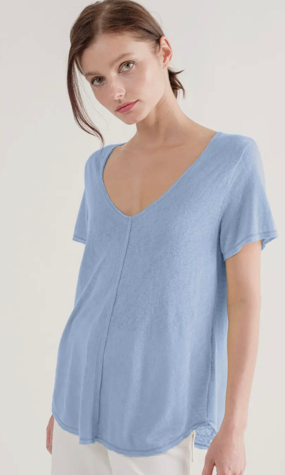 Eliza Ocean Blue Casual Slubby V-Neck Tee