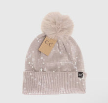 Allover Clear Sequin Faux Fur Pom C.C Beanie