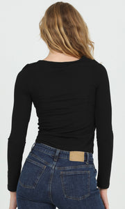 Colter Black Textured Knit Long Sleeve Notch Neck Top