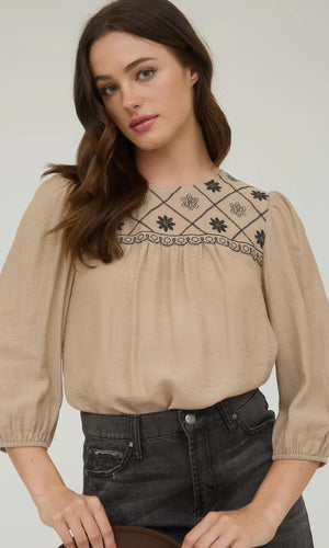Lylah Taupe Floral Embroidered Yoke 3/4 Sleeve Blouse