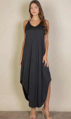 Havana Black Solid Cami Double Strap Loose Fit Dress