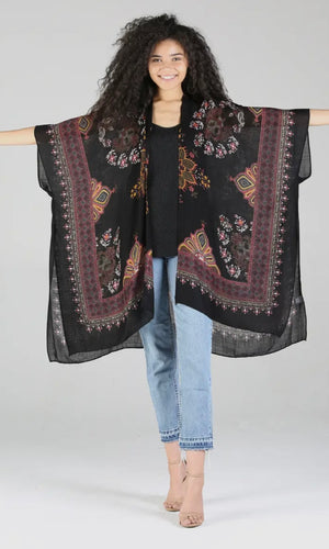 Gerson Black Printed Kimono with Border Trim