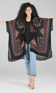 Gerson Black Printed Kimono with Border Trim
