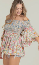 Alizabeth Pink Floral Half Bell Sleeve Smocked Bodice Flowy Top