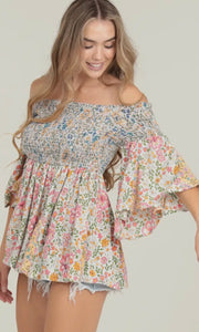 Alizabeth Pink Floral Half Bell Sleeve Smocked Bodice Flowy Top