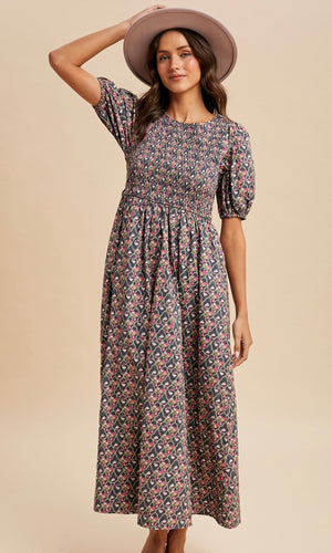 Linna Stone Smocked Cotton Floral Maxi Dress