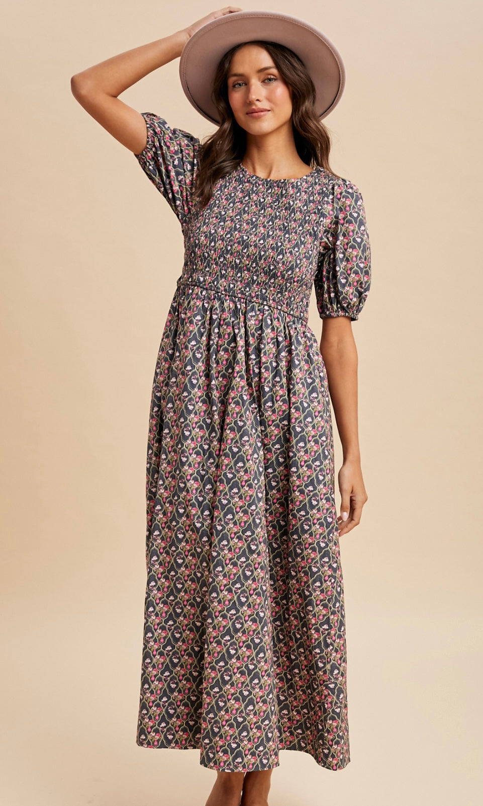 Linna Stone Smocked Cotton Floral Maxi Dress