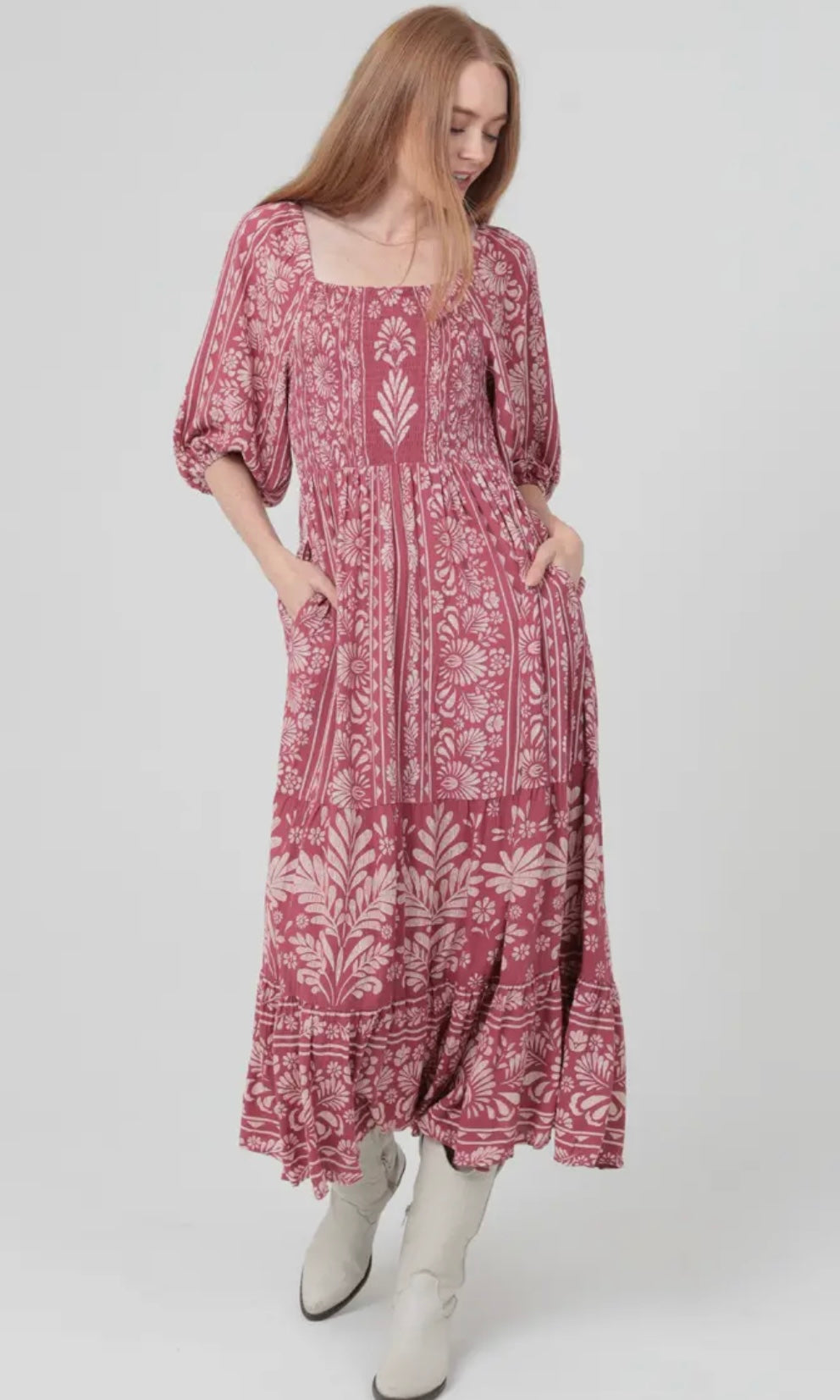 Jasmine Half Sleeve Smocked Bodice Midi Dress with Pocket