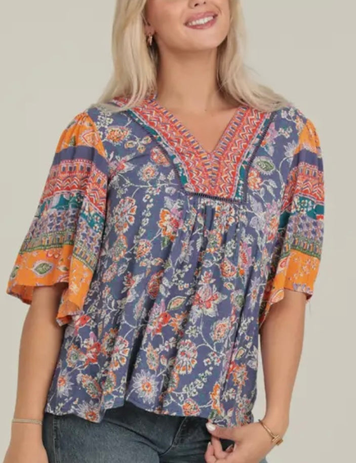 Aleen Blue and Orange V Neck Printed Blouse