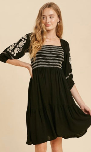 *SALE! Ajane - Black Smocked Embroidered Peasant Dress