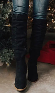 Rowan Black Suede Chunky Heel Knight Boots