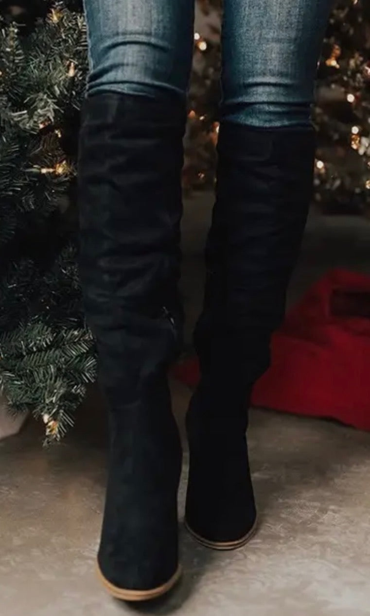 Rowan Black Suede Chunky Heel Knight Boots