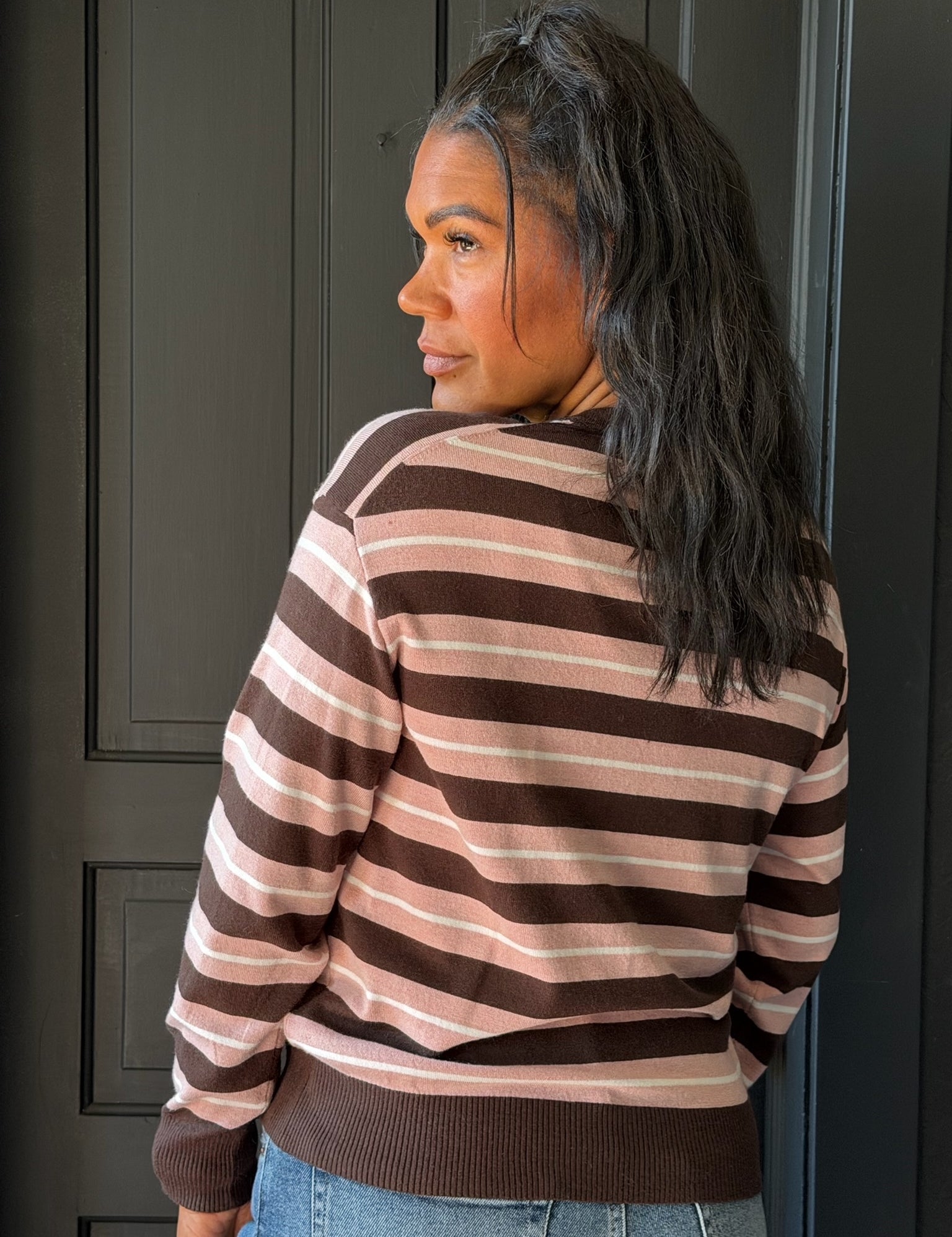 Shiloh Brown/Pink Crew Neck Multi-Stripe Long Sleeve Knit Sweater