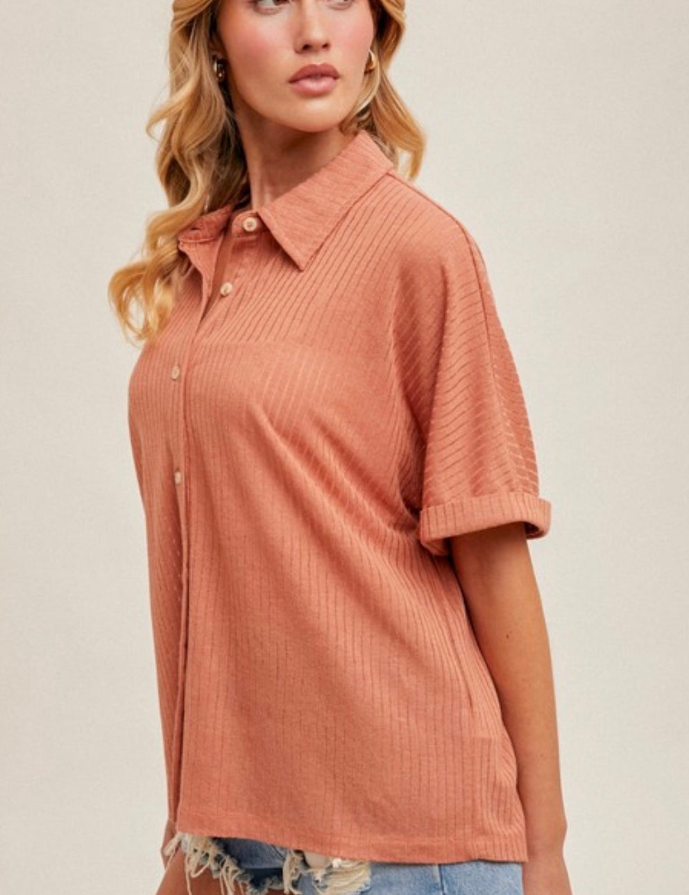 Gelle Terracotta Burn Out Striped Button Down Knit Shirt