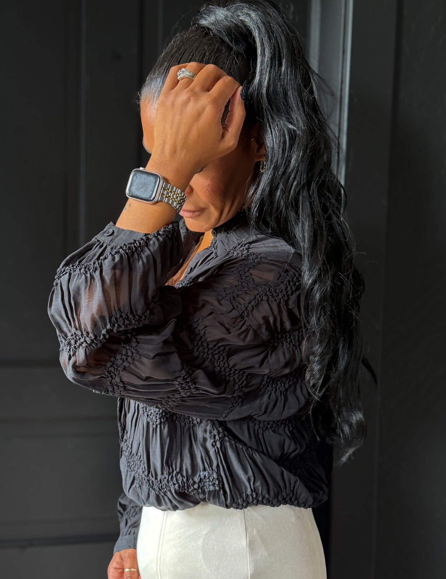 Haider Sheer Textured Button Down Blouse