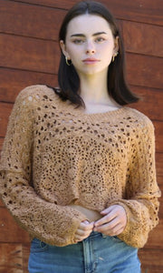 Cleta Camel Open Knit V Neck Pullover Sweater