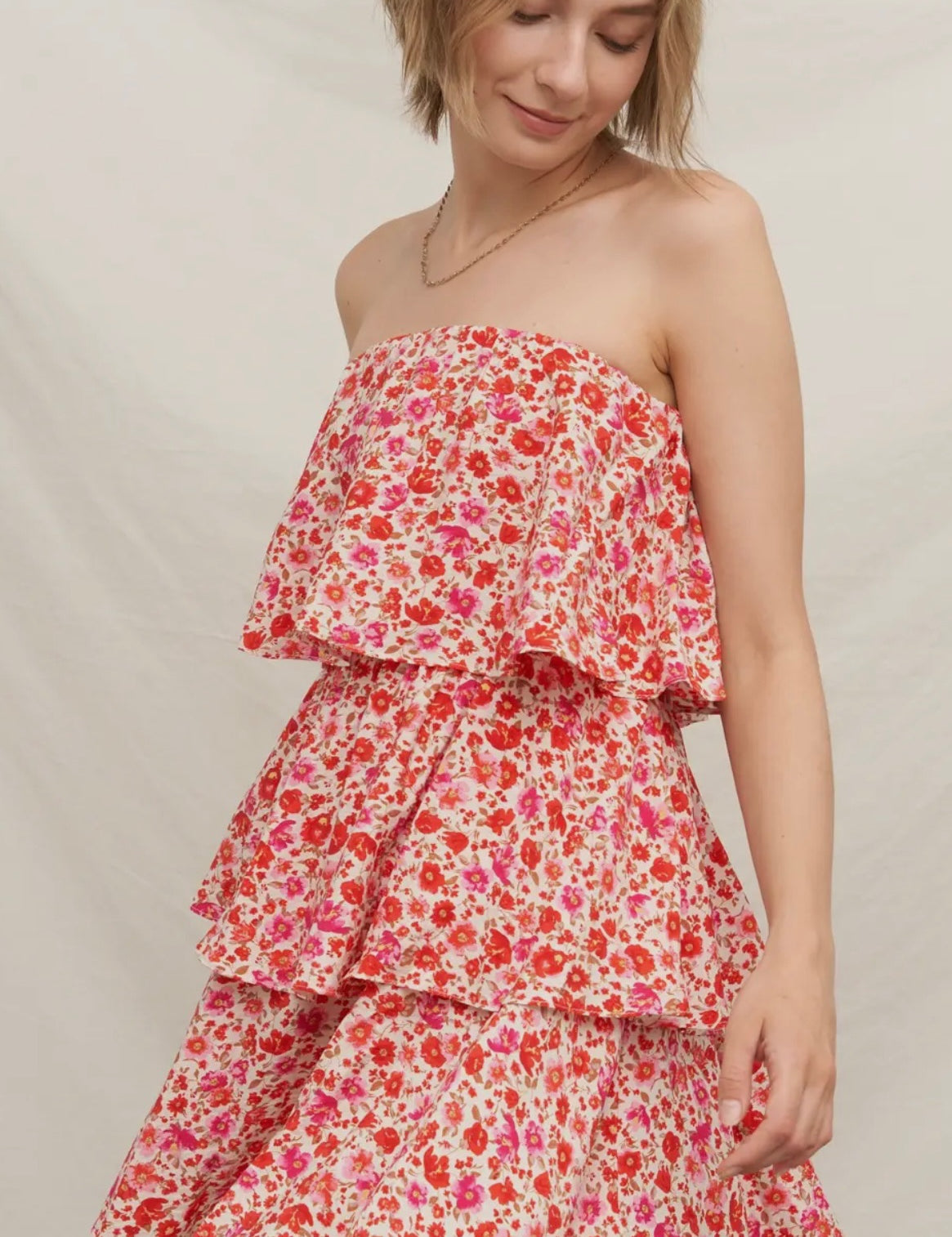 Kevlyn Floral Strapless Tired Mini Dress