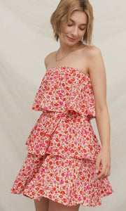 Kevlyn Floral Strapless Tired Mini Dress