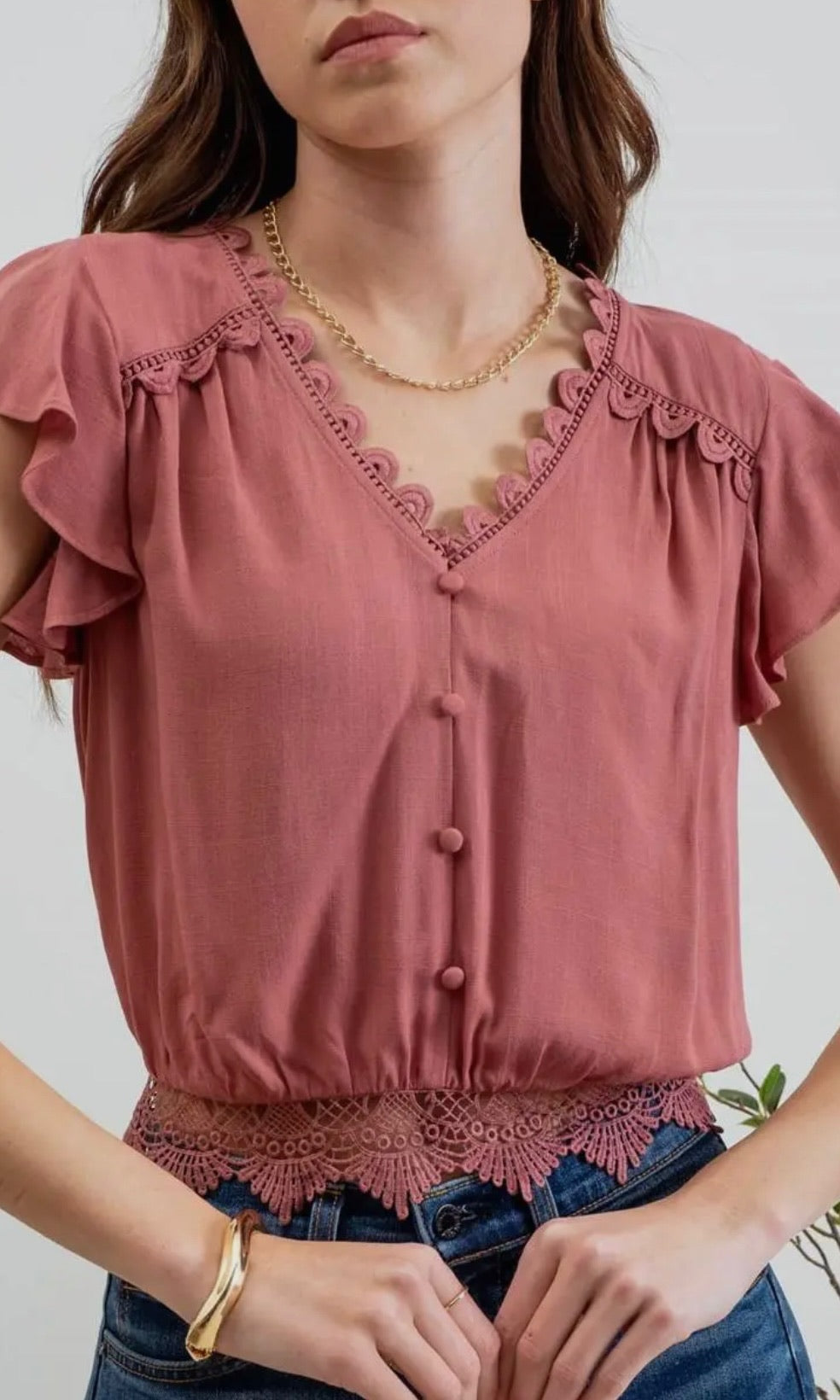 Hedlea Mauve Scallop Lace Trim Back Tie Short Sleeve  Crop Top