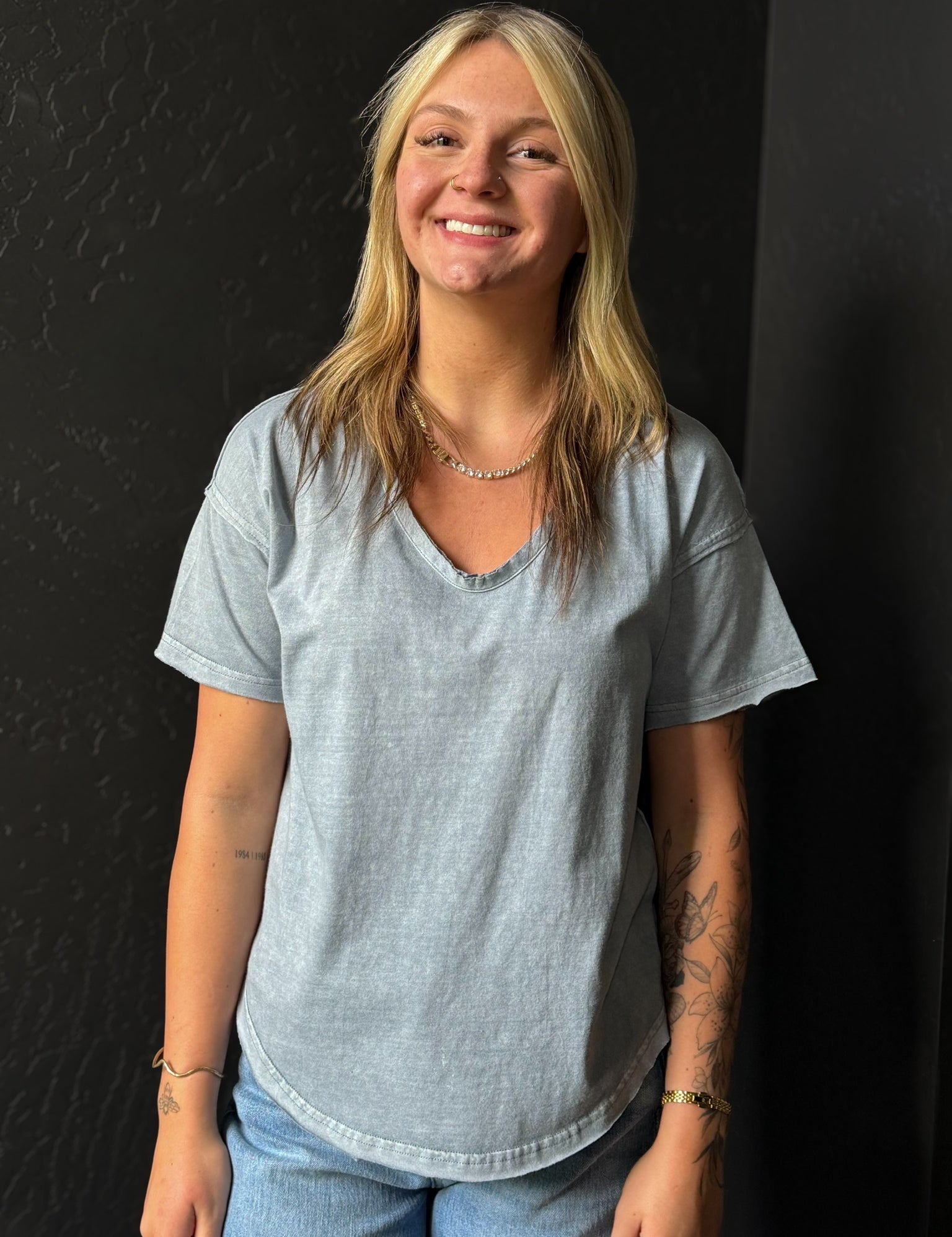 Calvin Washed Scoop Neck Raw Edge Short Sleeve Knit Top