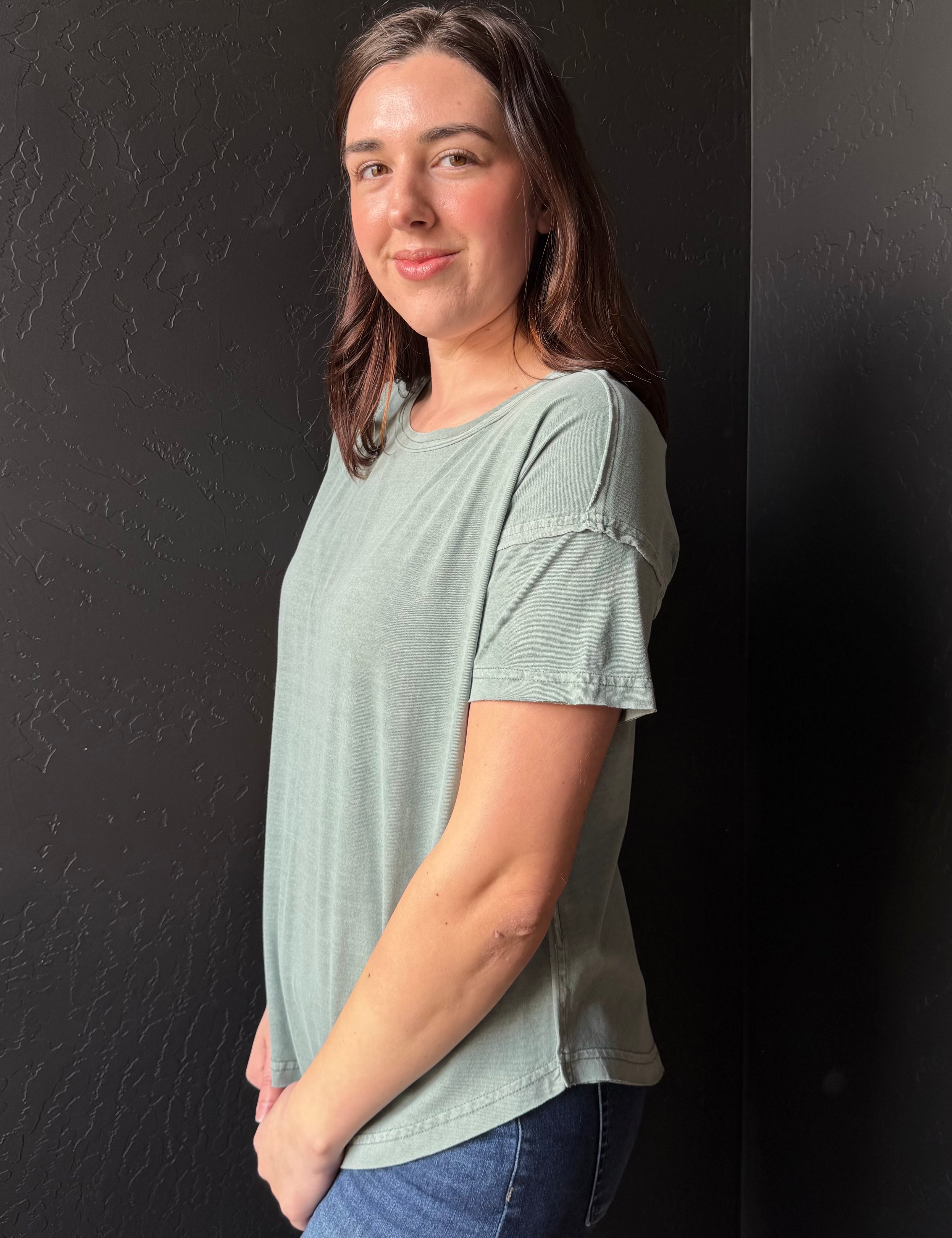 Calvin Washed Scoop Neck Raw Edge Short Sleeve Knit Top